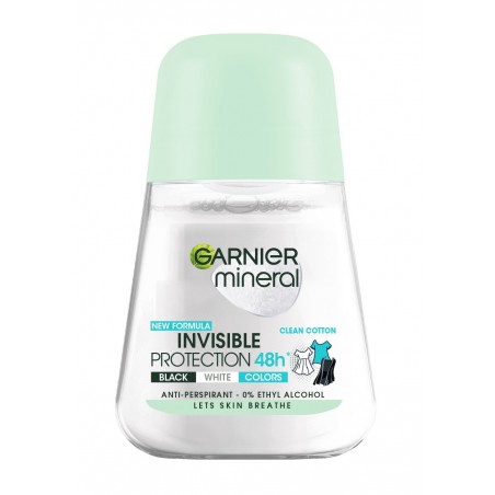 Garnier Mineral Dezodorant roll-on Invisible Protection 48h Clean Cotton- Black,White,Colors   50ml