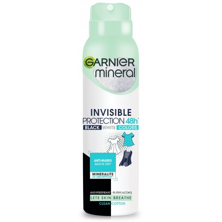 Garnier Mineral Dezodorant spray Invisible Protection 48h Clean Cotton- Black,White,Colors   150ml