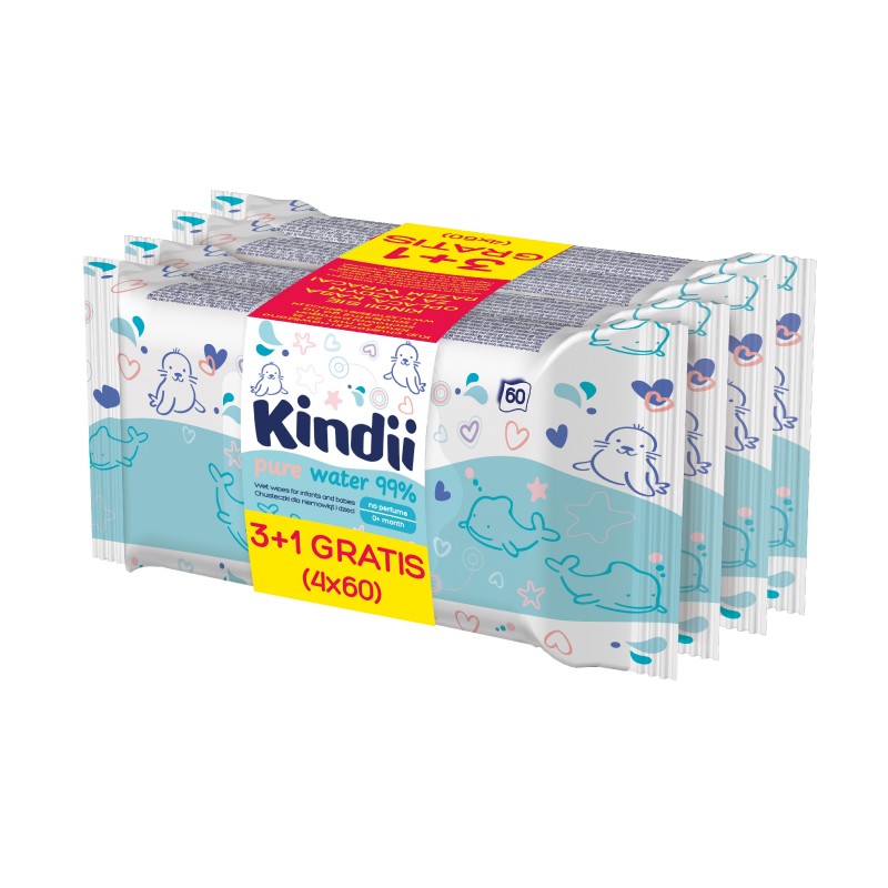 KINDII Pure Water 99% Chusteczki oczyszczające dla niemowląt i dzieci 3+1 gratis
