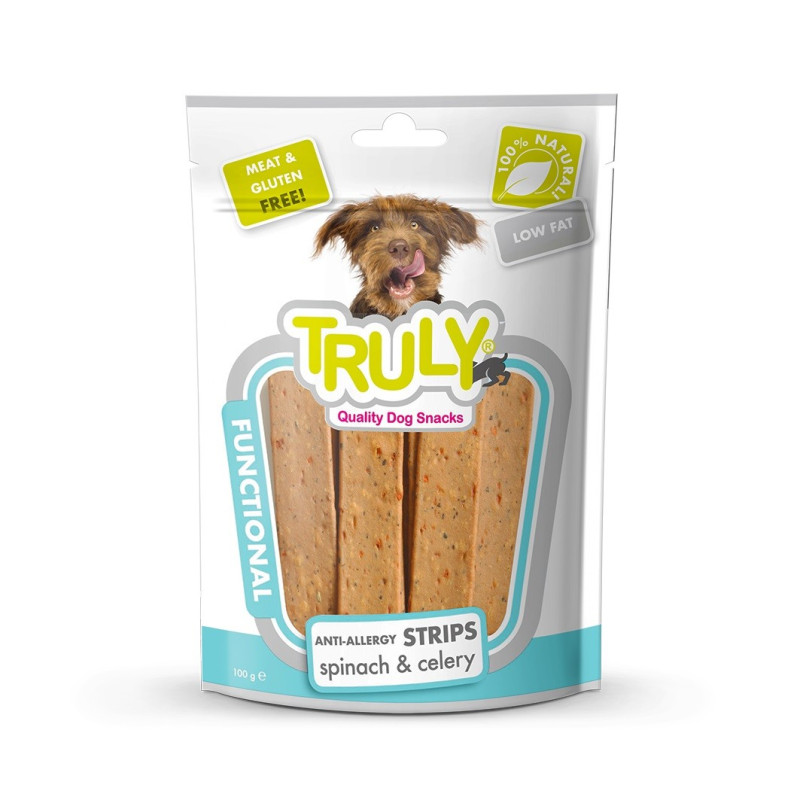 TRULY Dog Snacks Przekąski dla psa Functional - paseczki ze szpinakiem i selerem (anty-alergiczne) 100 g
