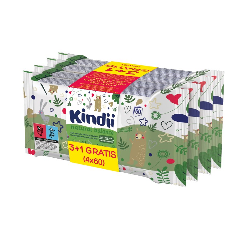 KINDII Natural Balance Chusteczki oczyszczające dla niemowląt i dzieci 3+1 gratis