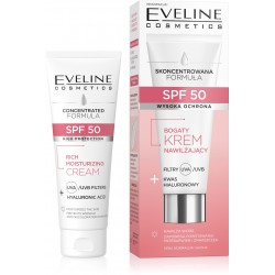 EVELINE SPF 50 Bogaty Krem nawilżający Filtry+Kwas Hialuronowy do cery normalnej i suchej 30 ml