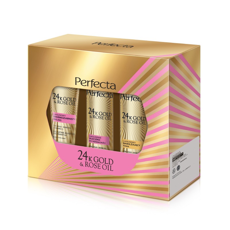 PERFECTA 24K Gold & Rose Oil Zestaw prezentowy (peeling drobnoziarnisty & mleczko & tonik)