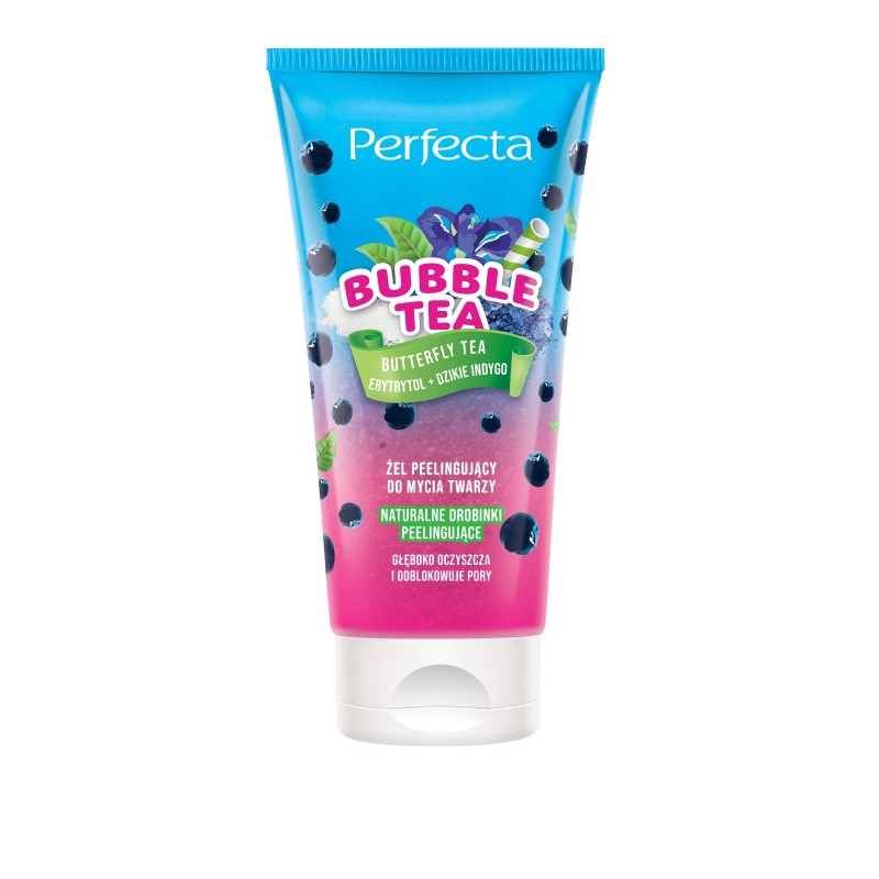 PERFECTA Bubble Tea Żel peelingujący do mycia twarzy Butterfly Tea, Erytrytol + Dzikie Indygo 150 ml