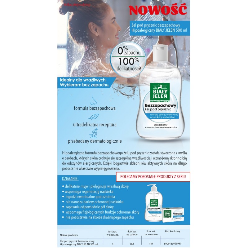 BIAŁY JELEŃ Żel pod prysznic bezzapachowy hipoalergiczny 500 ml