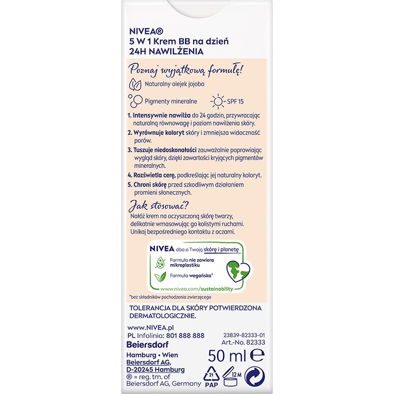 NIVEA 24H Nawilżenia Krem BB 5w1 na dzień - odcień jasny 50 ml