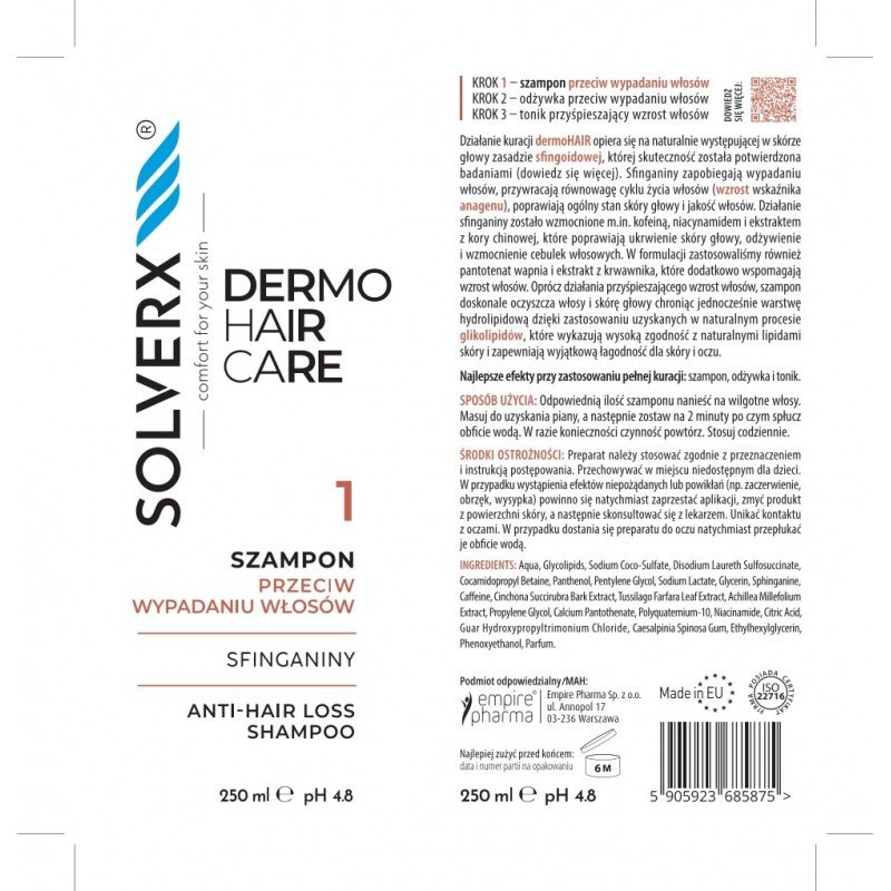 SOLVERX Dermo Hair Szampon przeciw wypadaniu włosów Sfinganiny 250 ml