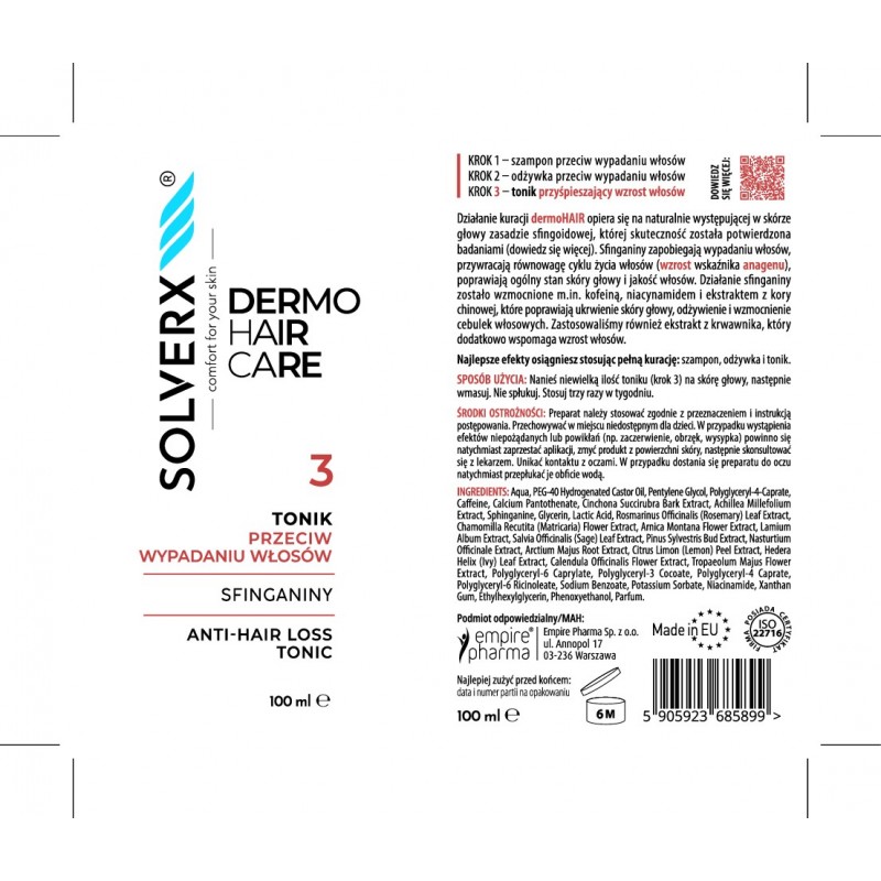 SOLVERX Dermo Hair Tonik przeciw wypadaniu włosów Sfinganiny 100 ml