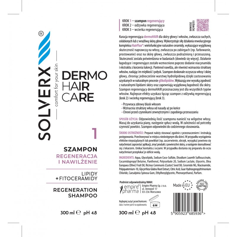 SOLVERX Dermo Hair Szampon do włosów Regeneracja i nawilżenie 250 ml