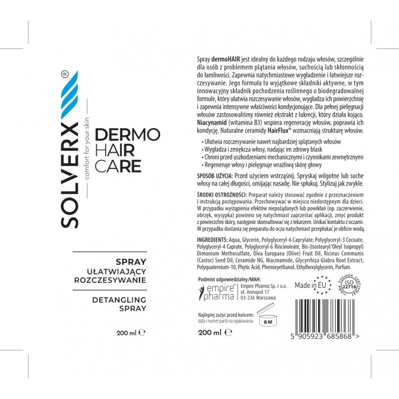 SOLVERX Dermo Hair Spray ułatwiajający rozczesywanie 200 ml