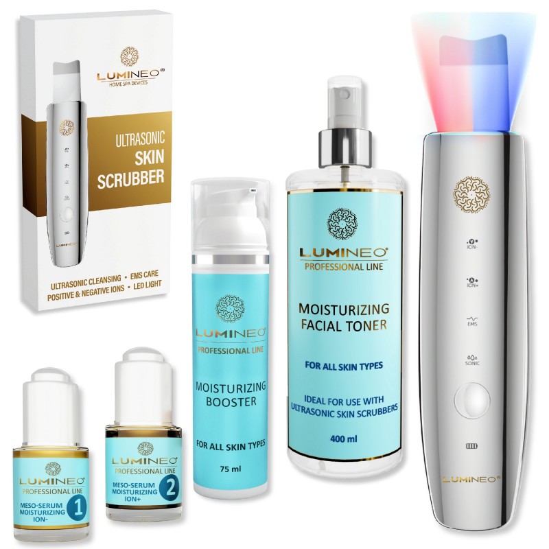 a LUMINEO Professional Line Peeling kawitacyjny LED 5w1 + Zestaw nawilżający Lumineo (Tonik, 2 x Serum, Krem)