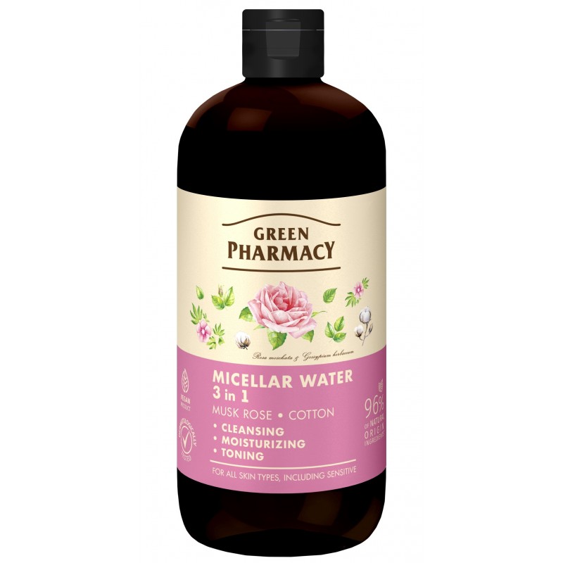 GREEN PHARMACY Woda micelarna 3w1 Róża piżmowa i Bawełna 500 ml