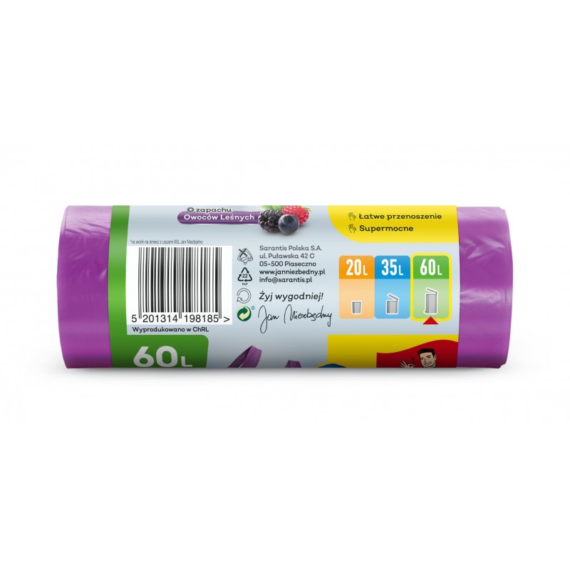 JAN NIEZBĘDNY Worki na śmieci HD z uszami 60 L - zapach owoców leśnych 15 sztuk