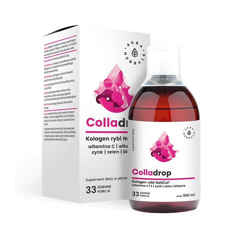 AURA HERBALS Colladrop Kolagen rybi NatiCol + Witamina C - w płynie 500 ml (33 dzienne porcje)