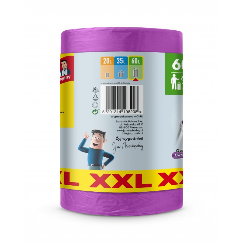 JAN NIEZBĘDNY Worki na śmieci HD z uszami 60L - zapach owoców leśnych 60 sztuk (XXL)