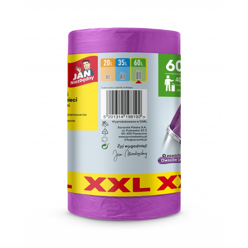 JAN NIEZBĘDNY Worki na śmieci HD z uszami 60L - zapach owoców leśnych 40 sztuk (XXL)