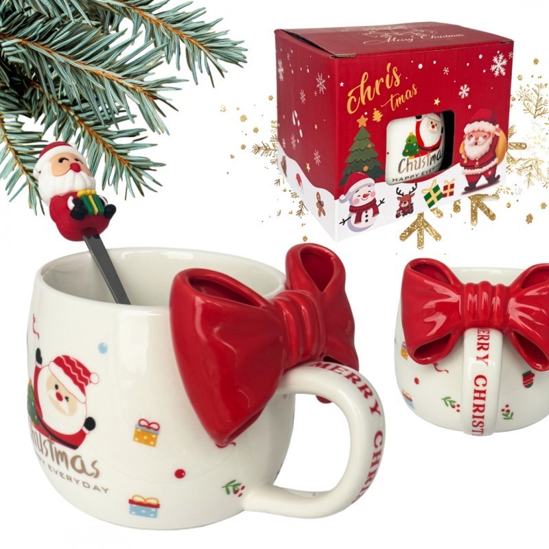 ECARLA Kubek ceramiczny świąteczny z kokardą czerwoną 400 ml Zestaw w pudełku z łyżeczką KB25CZE