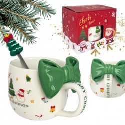 ECARLA Kubek ceramiczny świąteczny z kokardą zieloną 400 ml Zestaw w pudełku z łyżeczką KB25ZIE