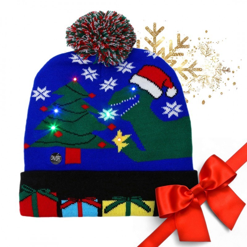 ECARLA Czapka świąteczna świecąca LED z pomponem Dinozaur Boże Narodzenie CZ53