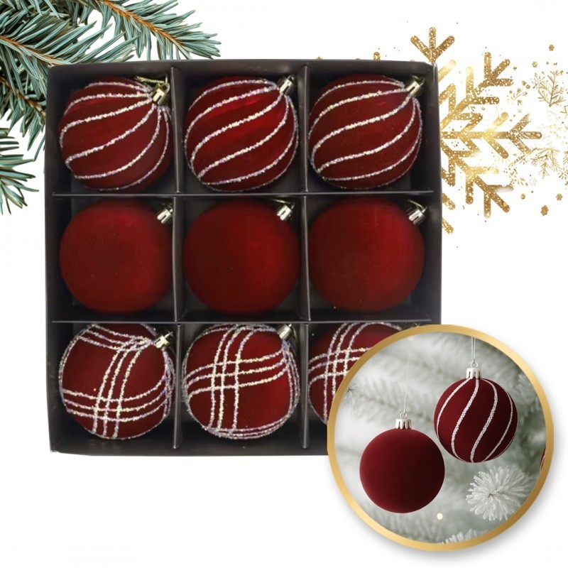 ECARLA Bombki na choinkę - welurowe burgund (mix wzorów) 8cm BSN67 1 op. - 9 szt.